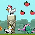 赤い髪のキャラクターが火の玉を投げる様子と、鶏とカメレオン、浮かぶイチゴが描かれているピクセルアートの場面。