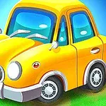 黄色のカートゥーン風の車が芝生の上に描かれている。