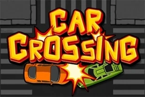 「CAR CROSSING」の文字が中央にあり、オレンジ色の車と緑色の車が衝突しているイラスト。