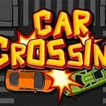 「CAR CROSSING」の文字が中央にあり、オレンジ色の車と緑色の車が衝突しているイラスト。
