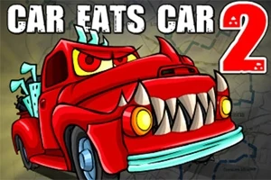 赤い車が鋭い牙を見せているアニメ風のイラスト。