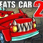 赤い車が鋭い牙を見せているアニメ風のイラスト。