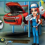 整備工場で修理中の赤い車と大きなレンチを持った女性整備士が描かれているイラスト。