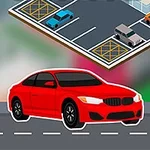 赤い車が道路を走っていて、背後に駐車場とパーキングの標識があるイラスト。