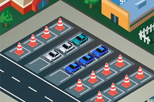 駐車場に並んだ車とカラーコーンが配置されたイラスト。