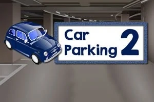 青い車と「Car Parking 2」という文字が描かれた駐車場のイラスト。