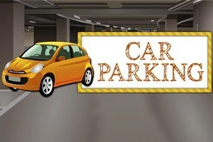 オレンジ色の車が駐車場に停まっており、横には「CAR PARKING」と書かれた看板がある。