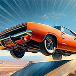 オレンジ色のクラシックカーがジャンプしているシーン。