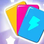 青、ピンク、黄色のカードが重なり、青のカードには稲妻のマークが描かれている。