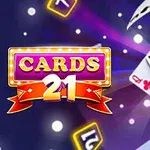 トランプのエースと数字カードが浮かぶ幻想的な背景と「CARDS 21」と書かれた看板。