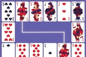 紫色の背景にトランプのカードが並べられた画像で、様々な絵柄のカードが配置されています。