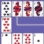 紫色の背景にトランプのカードが並べられた画像で、様々な絵柄のカードが配置されています。
