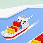 貨物船が港でコンテナを積んでいるイラスト。
