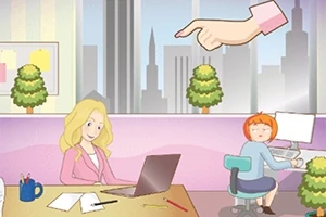 オフィスで働く2人の女性と指差す大きな手が描かれたイラスト。