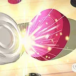 白いディスクと赤いディスクがぶつかり、光が弾けている様子。