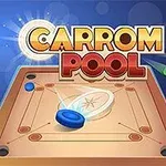 キャロムボードで遊んでいるカラフルなディスクと「CARROM POOL」の文字が描かれた画像。