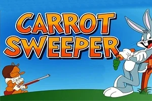 青空の下、ニンジンを持つウサギと銃を構える小さなキャラクターがいるカラフルなイラスト。