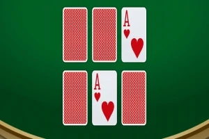 緑のテーブル上に6枚のカードが並べられ、うち2枚はハートのエースが表向きになっている。