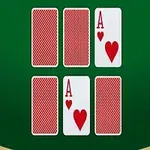 緑のテーブル上に6枚のカードが並べられ、うち2枚はハートのエースが表向きになっている。