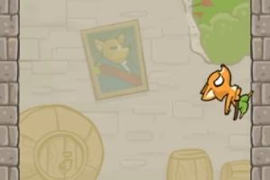 レンガの壁に囲まれた部屋に、オレンジ色のキャラクターが跳ねており、壁には肖像画と樽が飾られている。