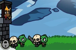 塔にいる人物と地上にいるドクロの顔をしたキャラクターたちが描かれているイラスト。