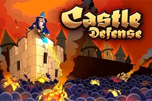魔法使いが城の上に立ち、炎を放って敵と戦っているイラスト。