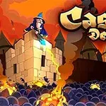 魔法使いが城の上に立ち、炎を放って敵と戦っているイラスト。