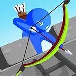 青いキャラクターが弓矢を引いている様子が描かれており、背景に灰色の要塞が見える。