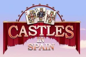 赤いカーテンの上に3枚のトランプカードが飾られており、「CASTLES IN SPAIN」という文字が中央に描かれている。