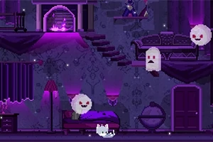 紫色の照明が照らす部屋の中に、幽霊と猫のキャラクターがいるピクセルアート。