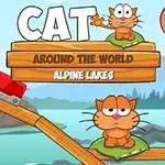 2匹のかわいい猫が山を背景に丸太の上に座っているイラスト。