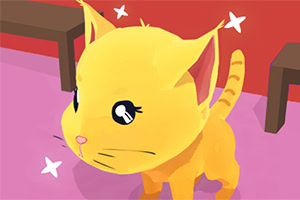 黄色い猫がピンクの床に立っている様子。