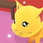 黄色い猫がピンクの床に立っている様子。