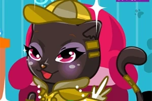 黒い猫が黄色の帽子と服を身に着け、紫の背景の前に座っているイラスト。
