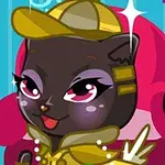 黒い猫が黄色の帽子と服を身に着け、紫の背景の前に座っているイラスト。