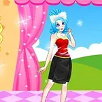 ピンクの背景の前に立つ、青い髪のアニメ風キャラクター。