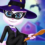 魔女の帽子と仮面を着けた猫がほうきを持って微笑んでいる。