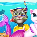 人魚の尻尾を持つピンクの猫と、スノーケルをつけた猫が水中で一緒にいる。