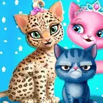 3匹のカラフルな猫が明るい背景に並んでいる。