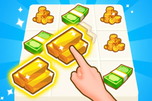 指が金の延べ棒を指しているパズル状のボードに、金貨の山と札束が配置されている。