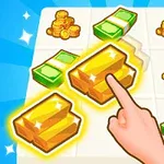 指が金の延べ棒を指しているパズル状のボードに、金貨の山と札束が配置されている。