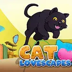 黒い猫が毛糸玉とハートのシンボルの上をジャンプしているイラスト。