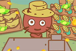 帽子をかぶったキャラクターが果物と穀物のスタンドに立っているイラスト。