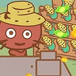 帽子をかぶったキャラクターが果物と穀物のスタンドに立っているイラスト。
