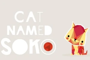幾何学的なデザインの赤と黄色の猫のキャラクターと「CAT NAMED SOKO」という文字。