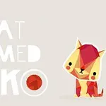 幾何学的なデザインの赤と黄色の猫のキャラクターと「CAT NAMED SOKO」という文字。