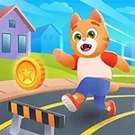 かわいらしい猫のキャラクターが道路を走りながらコインを集めている。