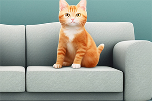 ソファの上で座っている茶色のタビー猫。