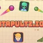 ピンクと緑のカタパルトに囲まれた、キャラクターのアイコンとカラフルなボールが飛び交っている。