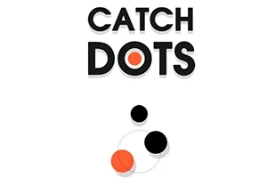 白い背景に「CATCH DOTS」と書かれたテキストと、黒とオレンジの丸いドットが配置されている画像。